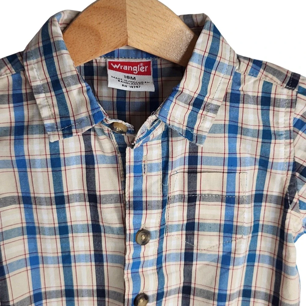 Wrangler Baby Plaid Western Shirt Bodysuit Romper 18 Month Blue Tan Short Sleeve